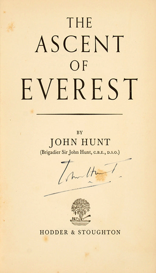 First edition of John Hunt's The Ascent of Everest, an account of the successful British expedition led by Hunt in 1953, the first ascent of the highest mountain in the world. With ALS from author.