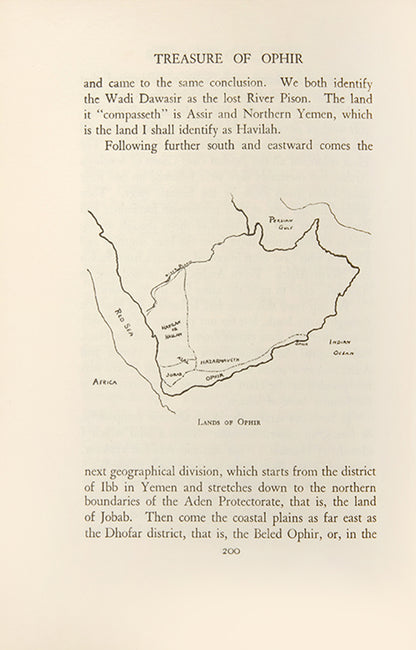 First edition of C.E.V. Craufurd's Treasure of Ophir, an entertaining account of the author's realisation of his childhood dream to search for the Biblical Lost City of Ophir in the Arabian Peninsula.