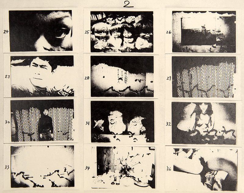 ABCD is a facsimile of four of Araki's early 1970s notebooks containing enlarged contact prints from 94 rolls of film. The negatives were processed using an overheated developer solution, which caused the film's emulsion to fracture unpredictably.