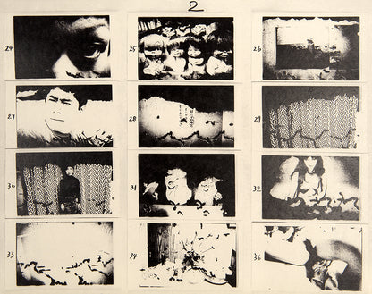 ABCD is a facsimile of four of Araki's early 1970s notebooks containing enlarged contact prints from 94 rolls of film. The negatives were processed using an overheated developer solution, which caused the film's emulsion to fracture unpredictably.