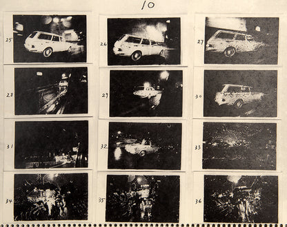 ABCD is a facsimile of four of Araki's early 1970s notebooks containing enlarged contact prints from 94 rolls of film. The negatives were processed using an overheated developer solution, which caused the film's emulsion to fracture unpredictably.