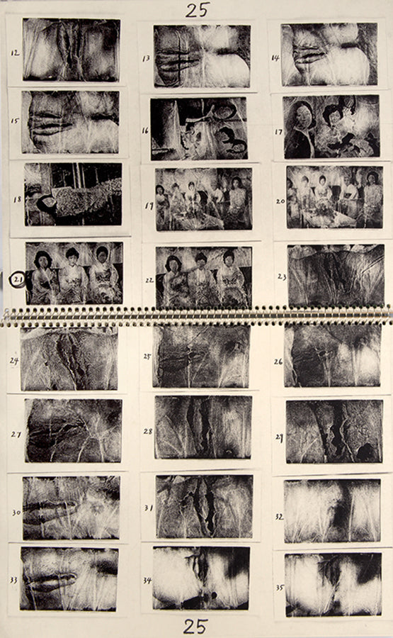 ABCD is a facsimile of four of Araki's early 1970s notebooks containing enlarged contact prints from 94 rolls of film. The negatives were processed using an overheated developer solution, which caused the film's emulsion to fracture unpredictably.