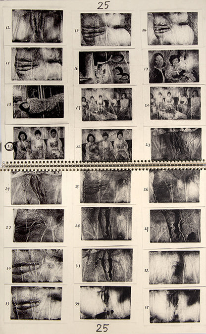 ABCD is a facsimile of four of Araki's early 1970s notebooks containing enlarged contact prints from 94 rolls of film. The negatives were processed using an overheated developer solution, which caused the film's emulsion to fracture unpredictably.