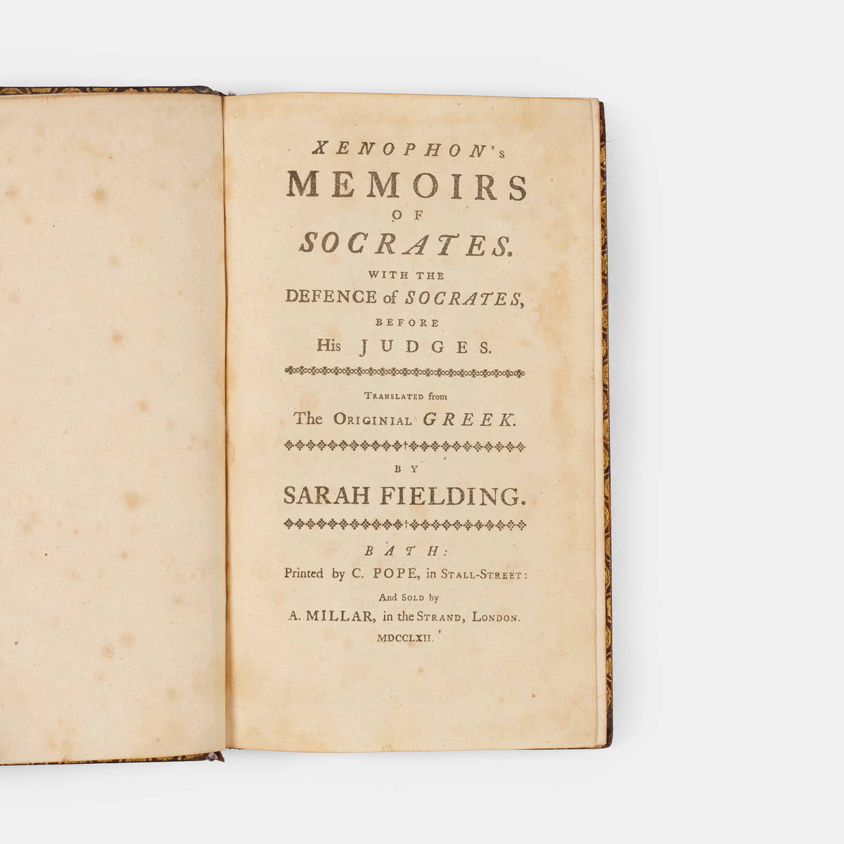 A handsomely bound first edition of Sarah Fielding's translation of Xenophon's Memoirs of Socrates.