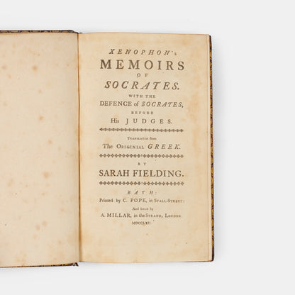 A handsomely bound first edition of Sarah Fielding's translation of Xenophon's Memoirs of Socrates.