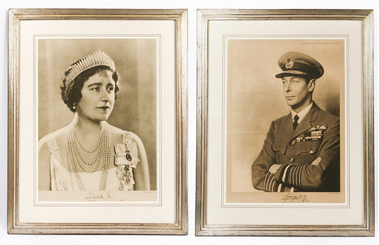 Black & white photographic prints of King George VI by Hugh Cecil, signed and dated by the King, the other of Queen Elizabeth by Dorothy Wilding, also signed and dated