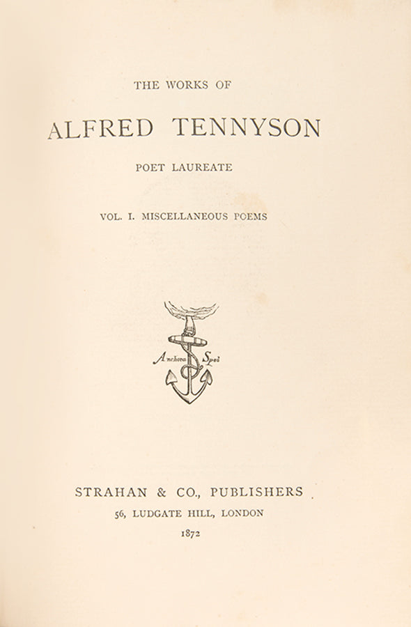 Finely bound set of Alfred Lord Tennyson's works, including his poetry, In Memoriam, Maud, and the Idylls of the King.