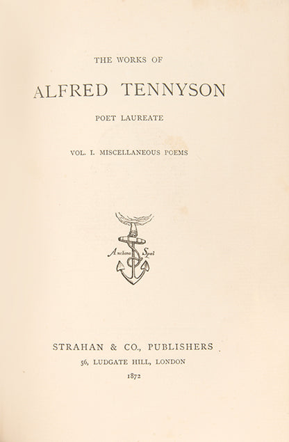 Finely bound set of Alfred Lord Tennyson's works, including his poetry, In Memoriam, Maud, and the Idylls of the King.