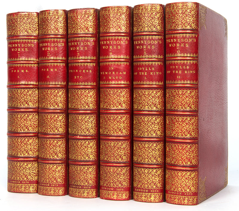 Finely bound set of Alfred Lord Tennyson's works, including his poetry, In Memoriam, Maud, and the Idylls of the King.