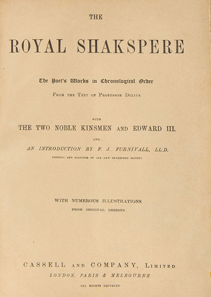A handsomely illustrated set of the works of Shakespeare with a lengthy introduction by Frederick James Furnivall (1825-1910).