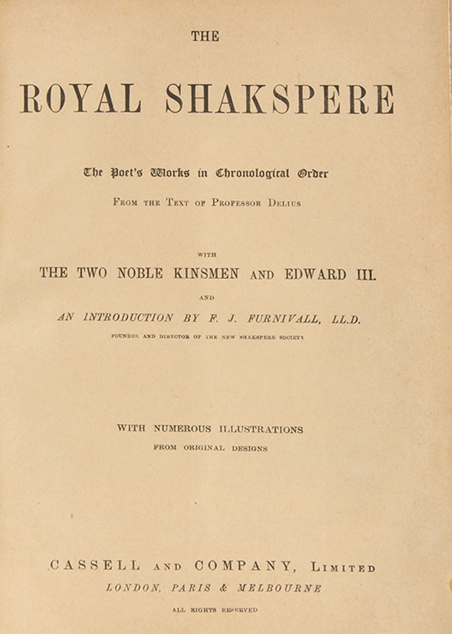 A handsomely illustrated set of the works of Shakespeare with a lengthy introduction by Frederick James Furnivall (1825-1910).