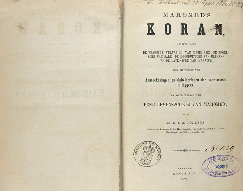 First editition of ths dutch translation of the quran printed in the capital city of the dutch east indies in 1859.