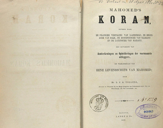 First editition of ths dutch translation of the quran printed in the capital city of the dutch east indies in 1859.