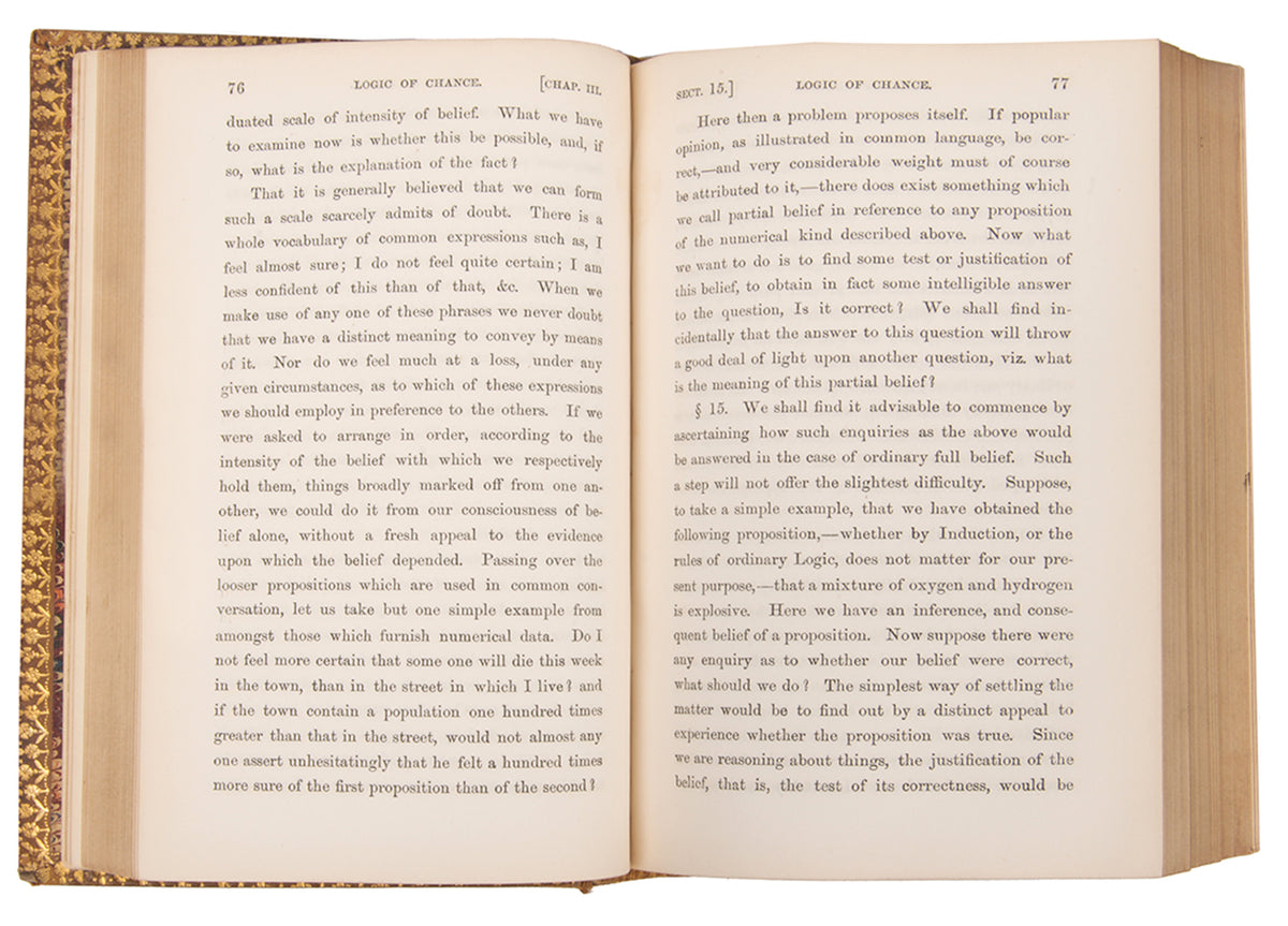 The rare first edition of mathematician John Venn's The Logic of Chance, a significant contribution to the fields of logic and philosophy published in 1866.