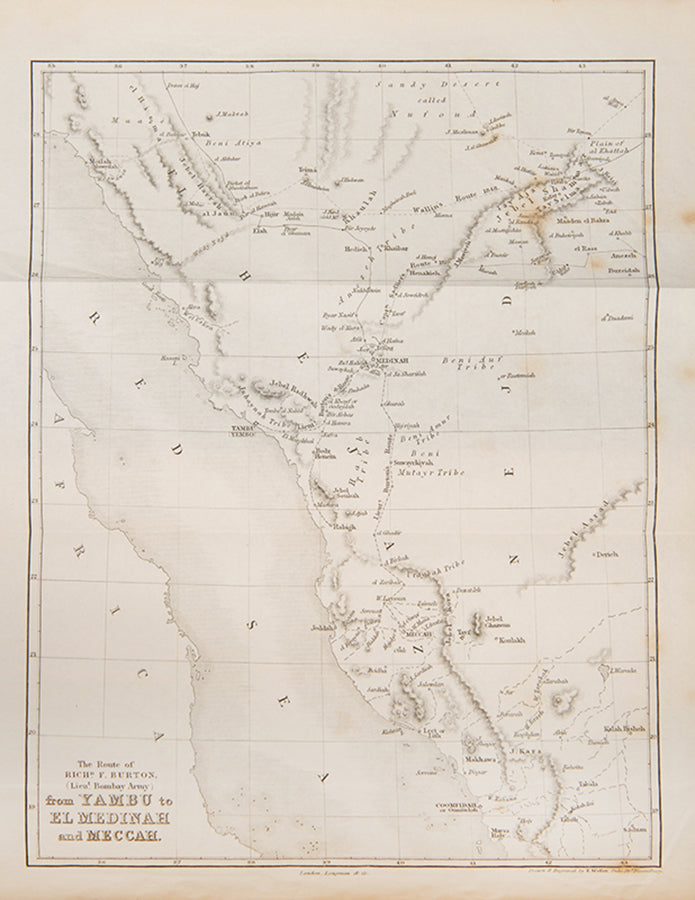 First edition in original cloth of Richard Burton's Personal Narrative of a Pilgrimage to El-Medinah and Meccah, his account of his pilgrimage to be the first English Christian to freely enter Mecca.
