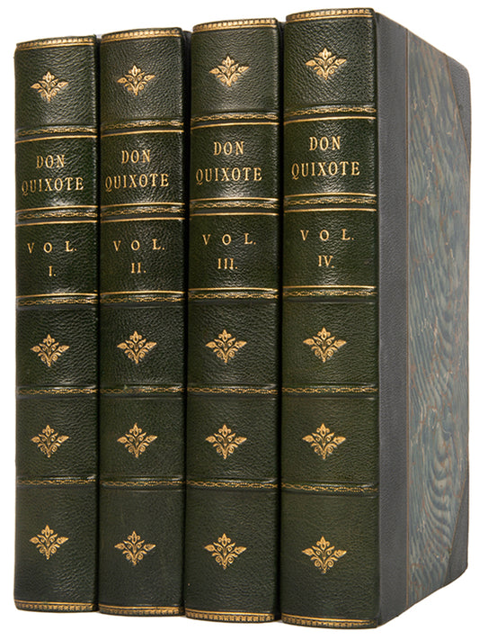 A handsome four-volume set of Cervantes' Don Quixote, bound by Mudie in half-green morocco and illustrated with 37 etched plates after Lalauze