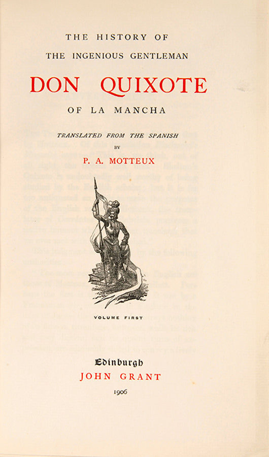A handsome four-volume set of Cervantes' Don Quixote, bound by Mudie in half-green morocco and illustrated with 37 etched plates after Lalauze