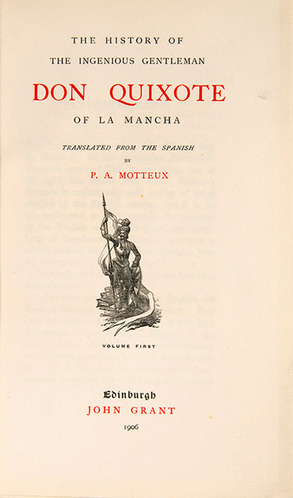 A handsome four-volume set of Cervantes' Don Quixote, bound by Mudie in half-green morocco and illustrated with 37 etched plates after Lalauze