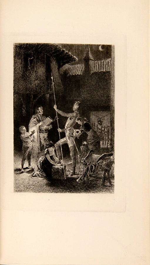 A handsome four-volume set of Cervantes' Don Quixote, bound by Mudie in half-green morocco and illustrated with 37 etched plates after Lalauze