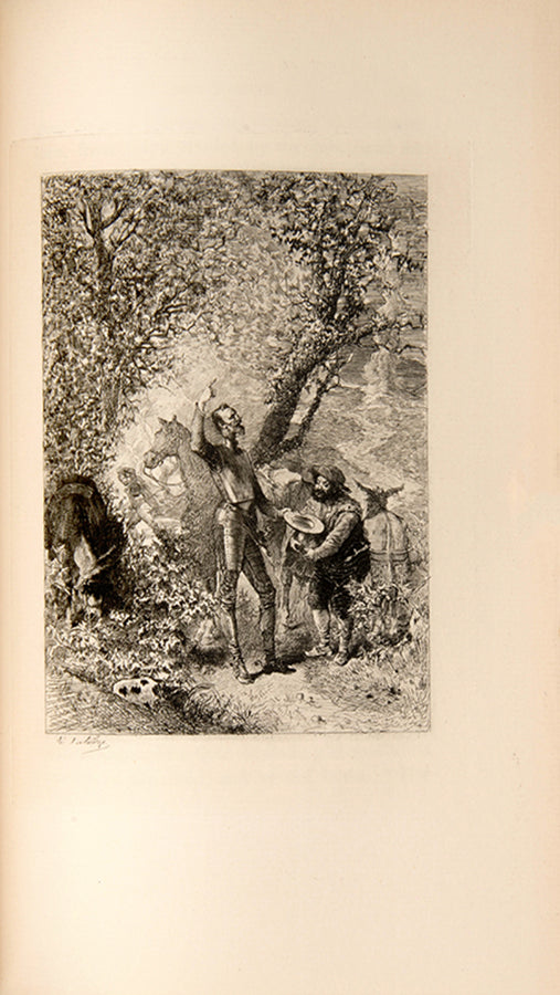 A handsome four-volume set of Cervantes' Don Quixote, bound by Mudie in half-green morocco and illustrated with 37 etched plates after Lalauze