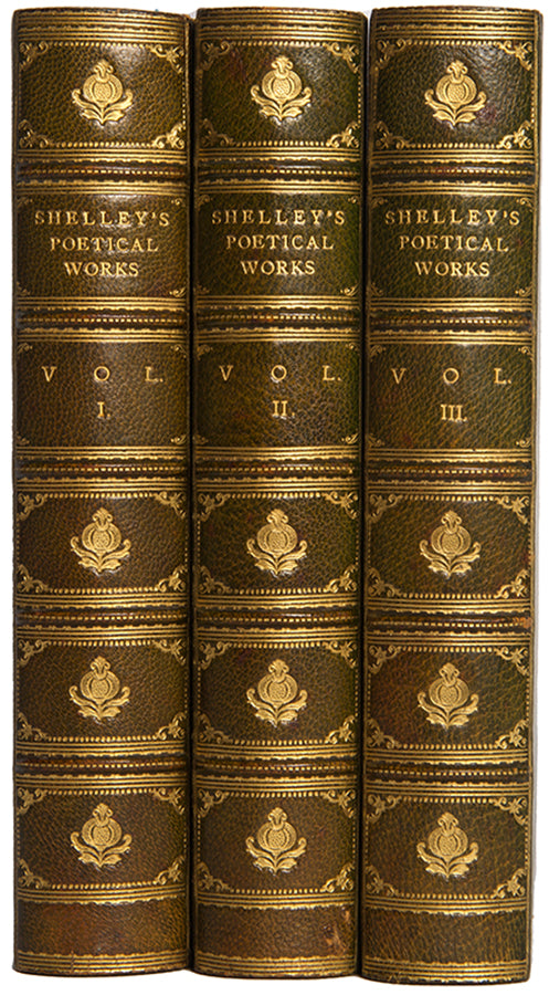 A handsome set of the Complete Poetical Works of Percy Bysshe Shelley, one of the great Romantic poets, in handsome bindings by Bickers, including a memoir