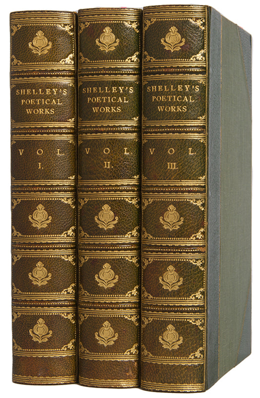 A handsome set of the Complete Poetical Works of Percy Bysshe Shelley, one of the great Romantic poets, in handsome bindings by Bickers, including a memoir