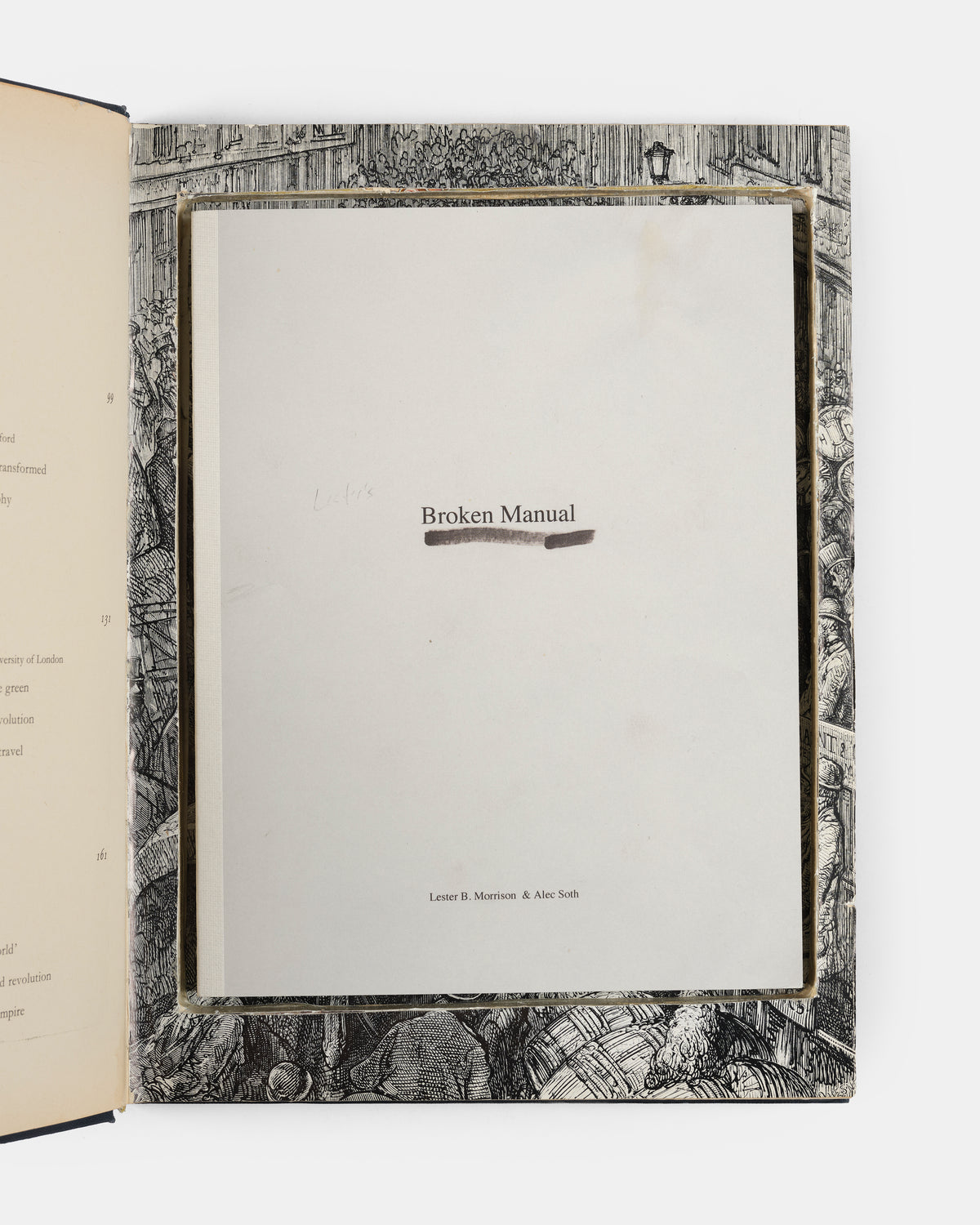 Broken Manual was originally issued in an edition of 300 copies, each concealed within another hollowed-out book. Before being sold, all 300 copies were exhibited in an installation forming part of Soth's first US retrospective at the Walker Arts Centre, Minneapolis.