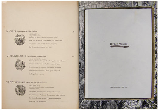 Broken Manual was originally issued in an edition of 300 copies, each concealed within another hollowed-out book. Before being sold, all 300 copies were exhibited in an installation forming part of Soth's first US retrospective at the Walker Arts Centre, Minneapolis.