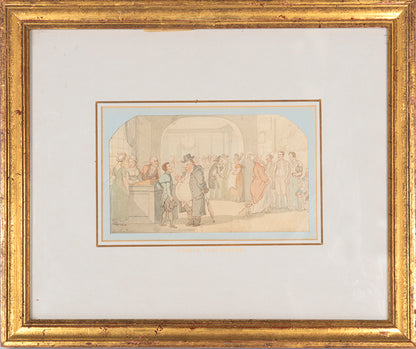An original watercolour sketch by Rowlandson of an aquatint illustration for 'The History of Johnny Quae Genus, the Little Foundling of the Late Doctor Syntax' by William Combe.