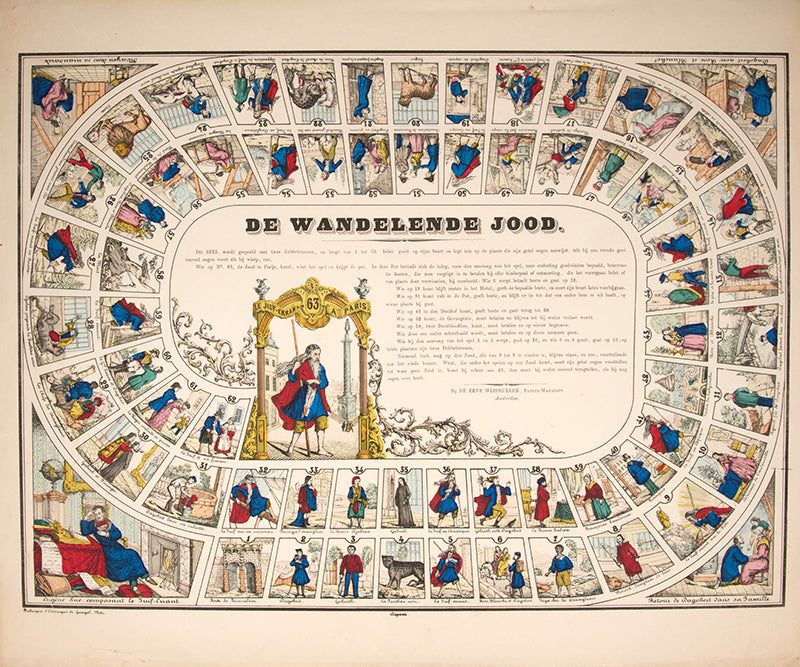 Poster of an anti-semitic board game based upon the sireis of novels 'Le Errant Juif' [The Wandering Jew] by Eugene Sue.