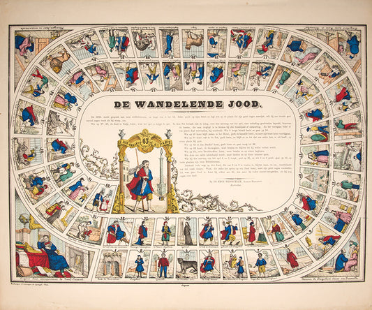 Poster of an anti-semitic board game based upon the sireis of novels 'Le Errant Juif' [The Wandering Jew] by Eugene Sue.