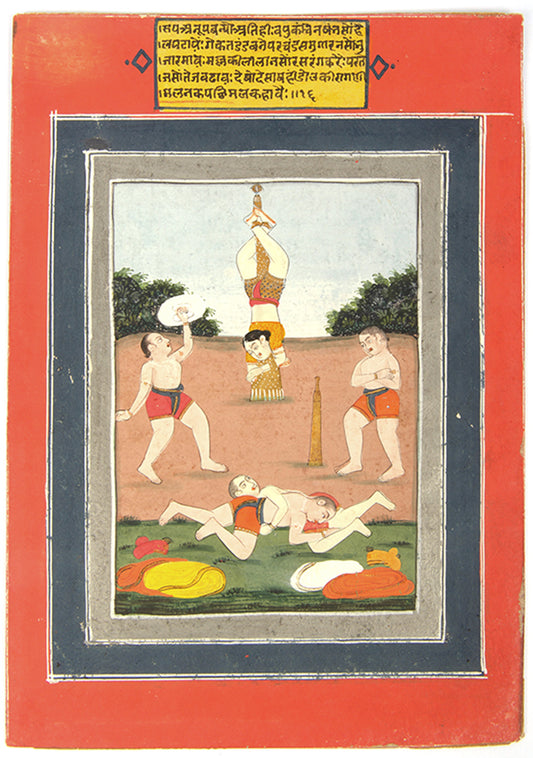 Miniature painting of a wrestling match fomr Rajasthan, India, 1820.