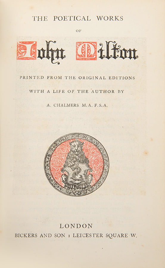 A handsome copy of The Poetical Works of John Milton, in red pebble-grain morocco by Bickers & Son