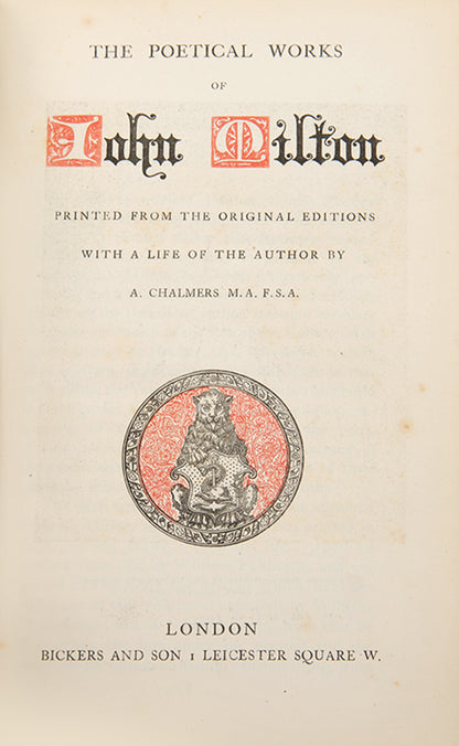 A handsome copy of The Poetical Works of John Milton, in red pebble-grain morocco by Bickers & Son