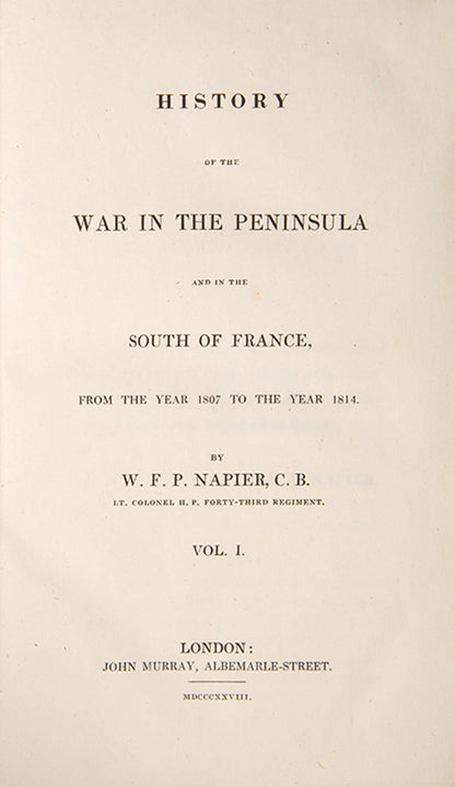 A superlative, first edition set of Napier's History of the War in the Peninsular, in sprinkled calf by Riviere, illustrated with 55 engraved plates