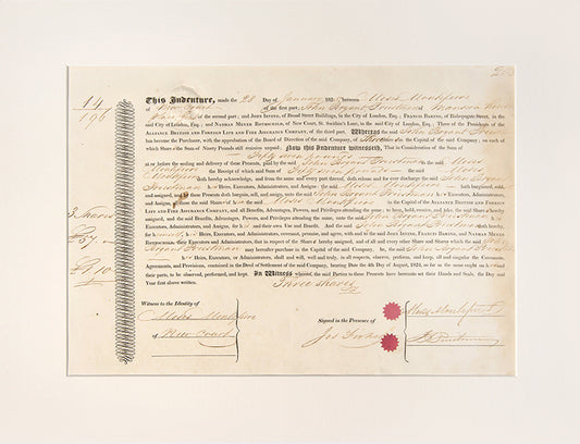 An original indenture signed by Sir Moses Montefiore, in which John Bryant Priestman purchased three shares of the capital in Alliance British Foreign Life Assurance for fifty seven pounds. 