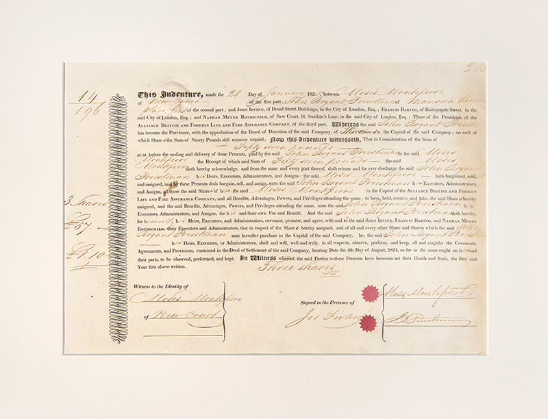 An original indenture signed by Sir Moses Montefiore, in which John Bryant Priestman purchased three shares of the capital in Alliance British Foreign Life Assurance for fifty seven pounds. 