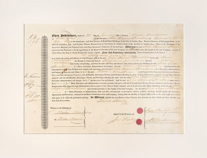 An original indenture signed by Sir Moses Montefiore, in which John Bryant Priestman purchased three shares of the capital in Alliance British Foreign Life Assurance for fifty seven pounds.