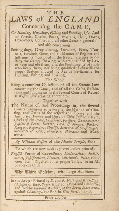 An unrecorded variant state of William Nelson's compendium of The Laws of England Cocnerning the Game