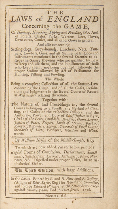 An unrecorded variant state of William Nelson's compendium of The Laws of England Cocnerning the Game