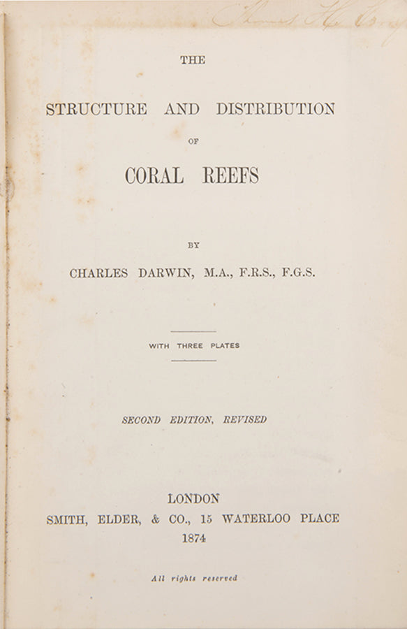 Second edition of one of Charles Darwin's earliest books, The Structure and Distribution of Coral Reefs, uncommon in the original binding.
