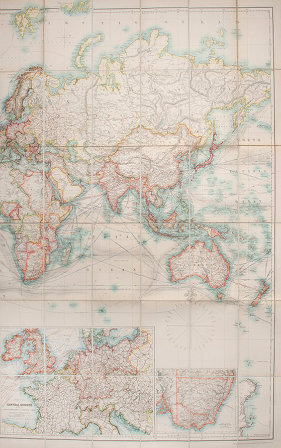 The turn of the century issue of W. & A.K. Johnston's Commercial and Library Chart of the World, an impressive world map focused on trading routes.