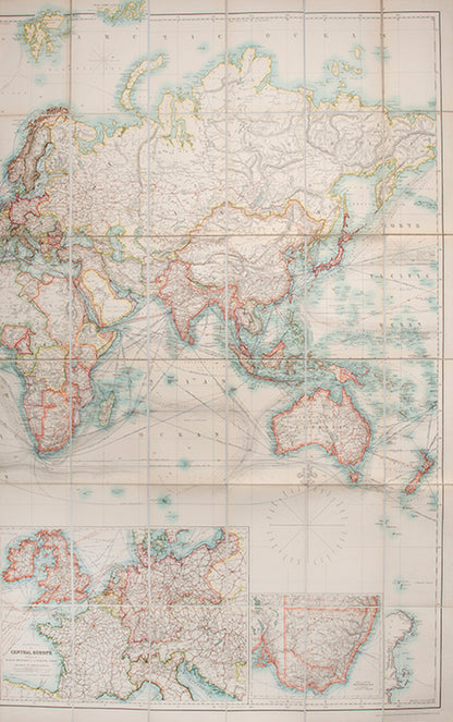 The turn of the century issue of W. & A.K. Johnston's Commercial and Library Chart of the World, an impressive world map focused on trading routes.