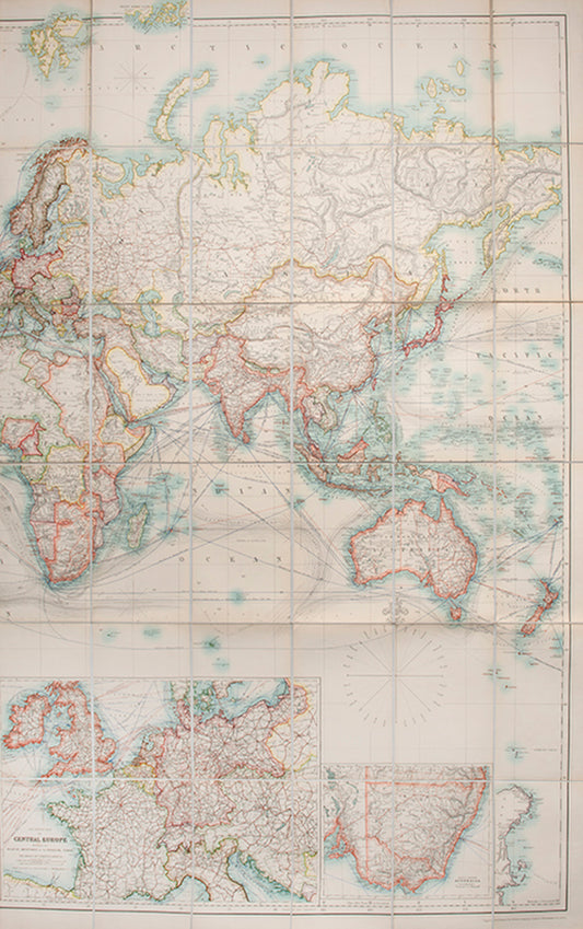 The turn of the century issue of W. & A.K. Johnston's Commercial and Library Chart of the World, an impressive world map focused on trading routes.