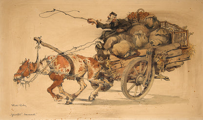 An original ink and watercolour drawing by Kuhn depicting a Jewish pedlar on his way to the market.