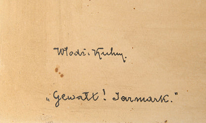 An original ink and watercolour drawing by Kuhn depicting a Jewish pedlar on his way to the market.