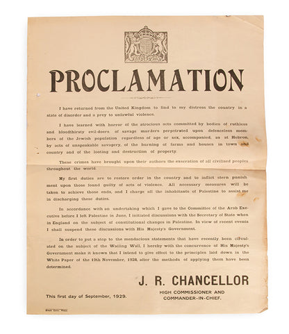 The posters were the British Mandatory authorities' first response to the 1929 riots, featuring a sweeping accusation against the Arabs for initiating the violence (an accusation they retracted just hours later). 