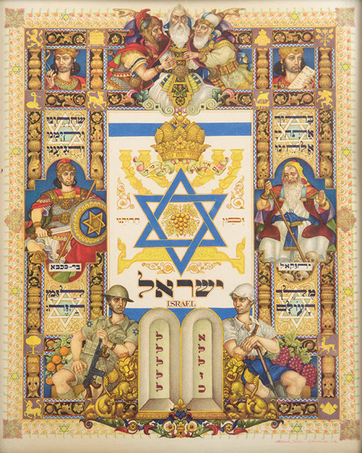 Wooden music box playing 'Hatikvah' with Szyk's colour lithograph titled 'The visual history of Israel', from the 'Visual history of nations' series, to its front. The series of nine works dating from 1945 to 1949 was commissioned by Kasimir Bileski (1908-2005), a Canadian philatelist and entrepreneur. 