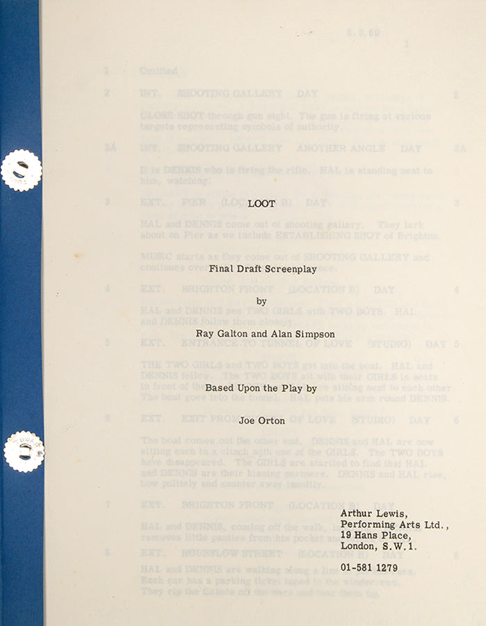 Original screenplay for the 1970 film adaptation of Joe Orton's 1965 stage play <em>Loot</em>, with the extremely scarce press pack used to promote the film's release.<br />
