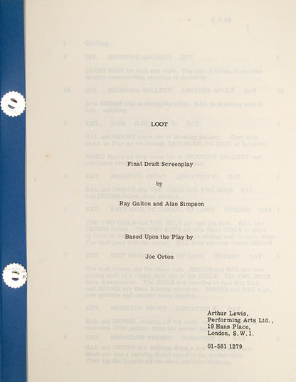 Original screenplay for the 1970 film adaptation of Joe Orton's 1965 stage play Loot, with the extremely scarce press pack used to promote the film's release.<br />